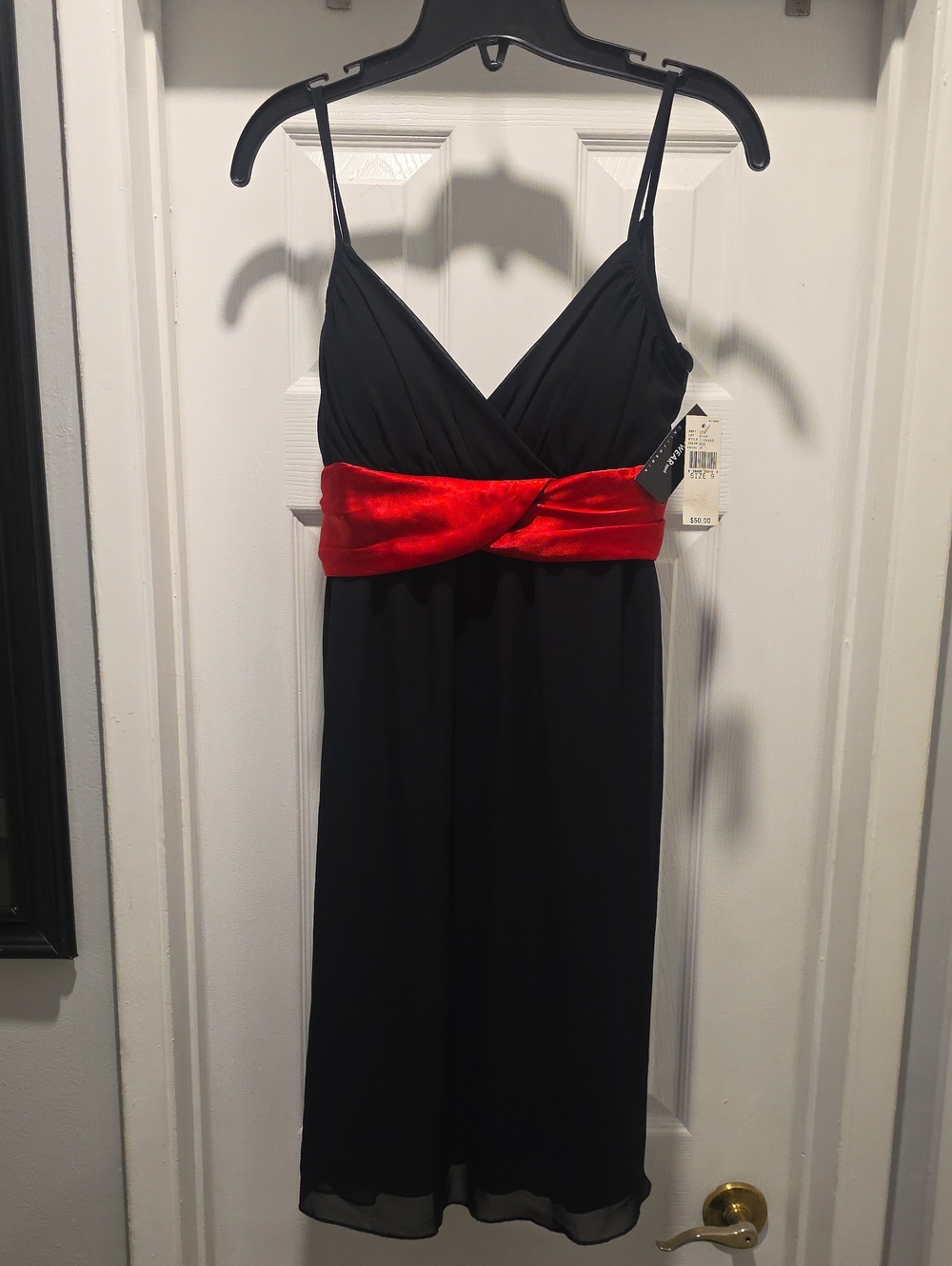 Bwear Black Midi Dress with Red Satin Waistband